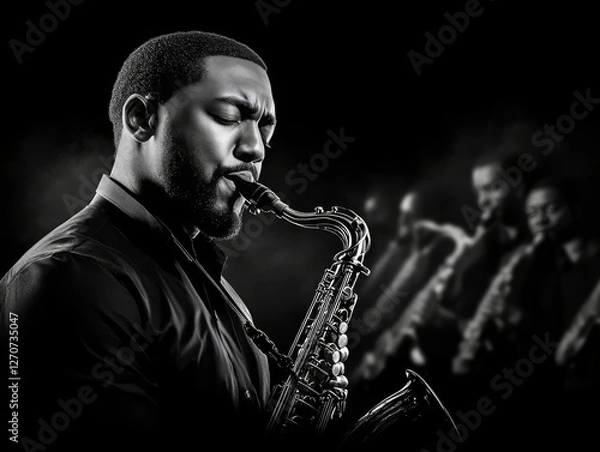 Fototapeta A saxophonist performs passionately, eyes closed, lost in the music. The image captures him in sharp focus, with blurred figures of fellow saxophonists in the background, evoking a soulful jazz vibe.