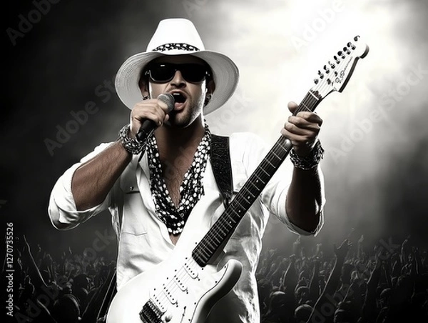 Fototapeta A confident musician performs on stage, holding a microphone in one hand and an electric guitar in the other. He’s dressed in white with sunglasses and a hat, with a cheering crowd in the background.