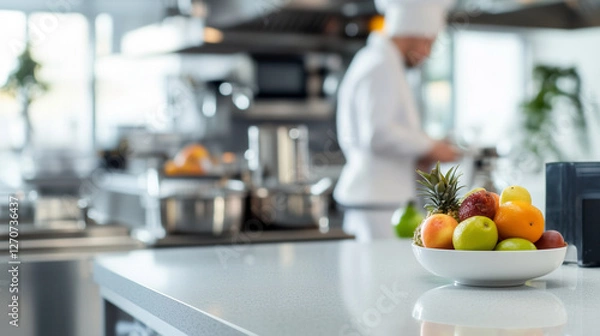 Fototapeta Organized Kitchen with Decluttered Counters, A sparkling clean kitchen with decluttered counters, neatly arranged utensils, and fresh fruit in a bowl on the island.