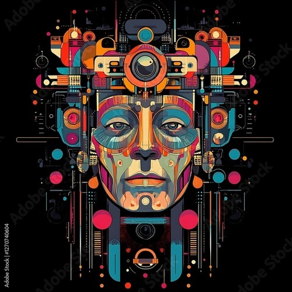 Fototapeta Abstract face, futuristic design, vibrant colors.  Possible use for posters or apparel