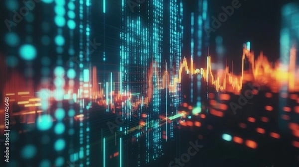 Fototapeta Abstract Digital Data Visualization, Neon Lights, Dynamic Graphs, and Cyberspace