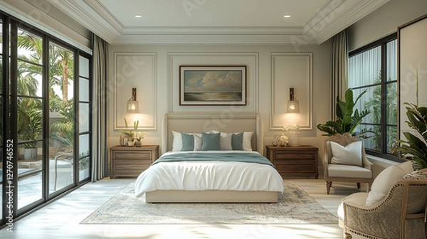 Fototapeta Interior design for a guest bedroom featuring a neutral theme with sleek moldings on the walls. The color scheme includes beige, white, and cream tones, with deeper beige flooring