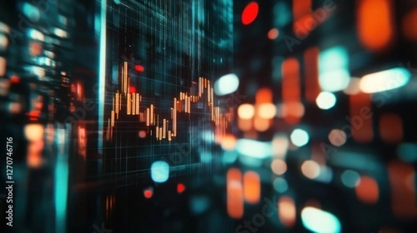 Fototapeta Abstract financial data visualization with glowing orange and teal candlestick chart on dark background.