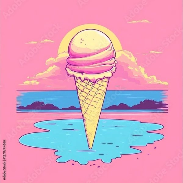 Obraz Ice cream cone, sunset beach scene, graphic design, aesthetic, summer