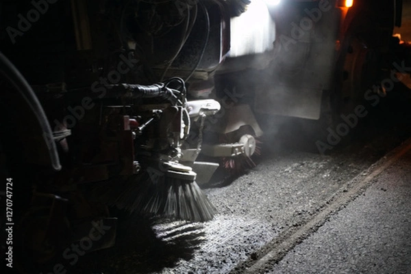Fototapeta Detailed view of equipment sweeping away dirt on a road construction site at night, after the old asphalt was milled away, preparing the surface for the next phase of roadwork.
