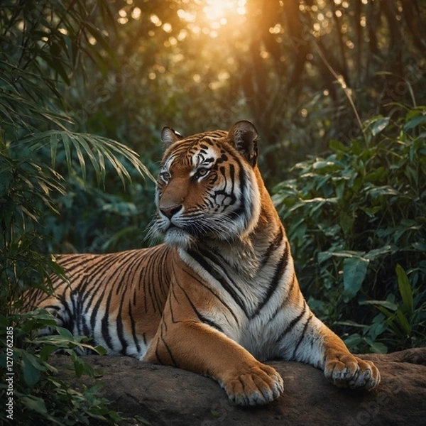 Fototapeta Design a tattoo concept featuring a tiger intertwined with flowers and flames.