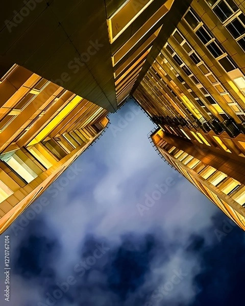 Fototapeta Night view from bottom to top of multi-story buildings illuminated with yellow light against the sky.