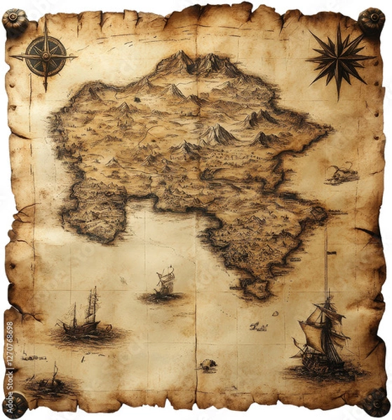 Obraz Vintage treasure map with ships and compass.