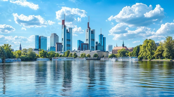 Obraz Frank's style, the skyline of the city with skyscrapers on the main river on a summer day, view from the water surface, Germany travel and vacation concept