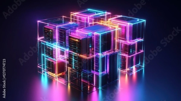 Obraz Neon Cube Data Center Servers, Network, Technology, Abstract Background, Digital