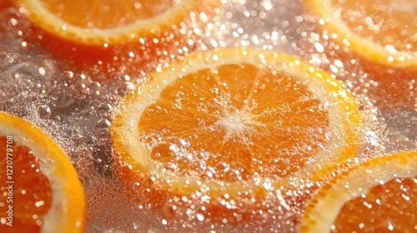 Fototapeta Fresh orange slices are submerged in sparkling water, creating a vibrant and refreshing visual effect with bubbles.