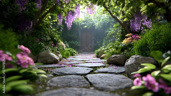 Obraz Magical garden glowing under moonlight with blooming wisteria and stone path leading to wooden door