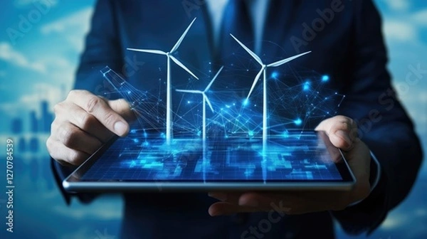 Obraz Green Energy Innovation, A digital visualization of wind turbines on a tablet