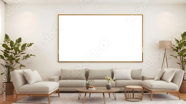 Fototapeta A large poster mockup framed and hanging on a modern living room wall, with a blank space for artwork. Surrounded by stylish furniture and soft ambient lighting, creating a contemporary