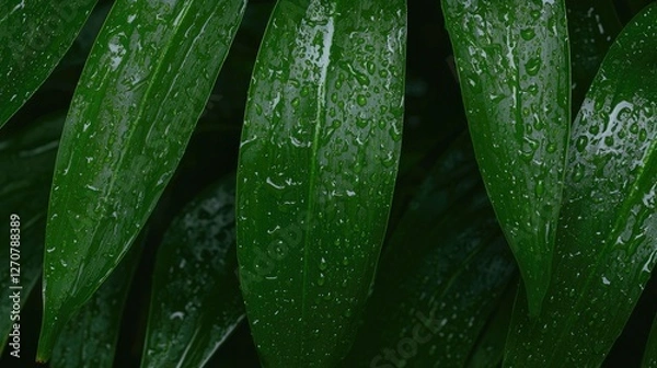 Fototapeta Lush green leaves with rain drops, nature background, ideal for website banners