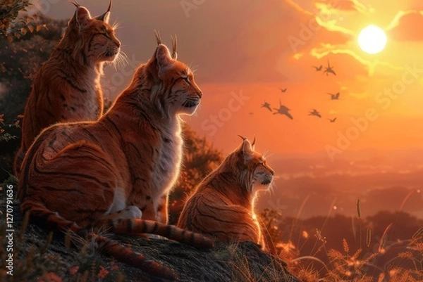 Obraz Three saber-toothed cats resting on a cliff at sunset, gazing into vibrant orange sky, surrounded by lush vegetation, embodying tranquility and familial bonding within ancient wilderness setting.