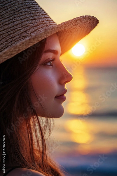 Fototapeta Woman in beach look with straw hat watching sunset