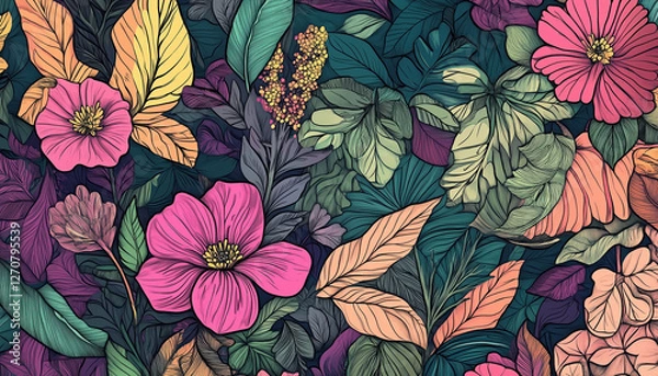 Fototapeta Vibrant Hand-Drawn Botanical Pattern with Colorful Flowers and Lush Leaves