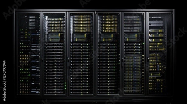 Fototapeta Data center servers illuminate in dark room