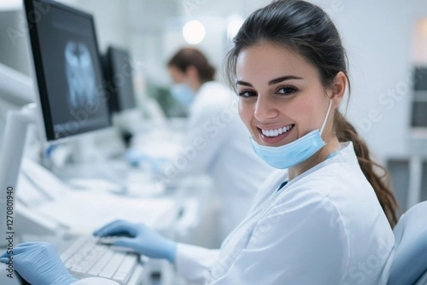 Fototapeta Dentist Video Conferencing With Her Colleagues On Computer, 