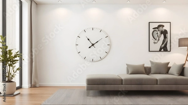 Fototapeta A modern wall clock mockup in a stylish living room with a minimalist aesthetic. The blank clock face offers space for custom designs, with soft ambient lighting enhancing the scene.