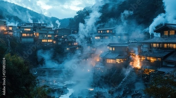 Obraz Picturesque landscape showing a misty village with illuminated windows