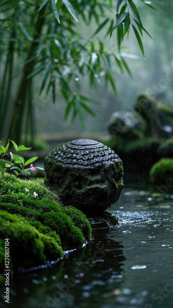 Fototapeta a high - definition photographic close - up of a traditional Chinese garden during the Rain Water solar term, focusing on the eaves of an ancient wooden pavilion with raindrops dripping from the intri