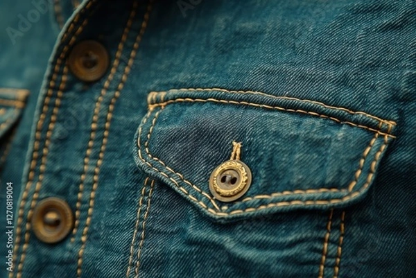 Fototapeta Close-up of a Denim Jacket Pocket Featuring Intricate Button Details for Fashion Design
