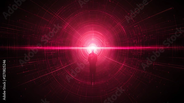 Fototapeta Silhouette Figure Facing Radiating Light in an Abstract Sci Fi Tunnel Design