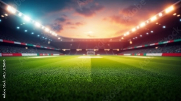 Fototapeta Exciting soccer match atmosphere at stadium during sunset with bright lights illuminating field