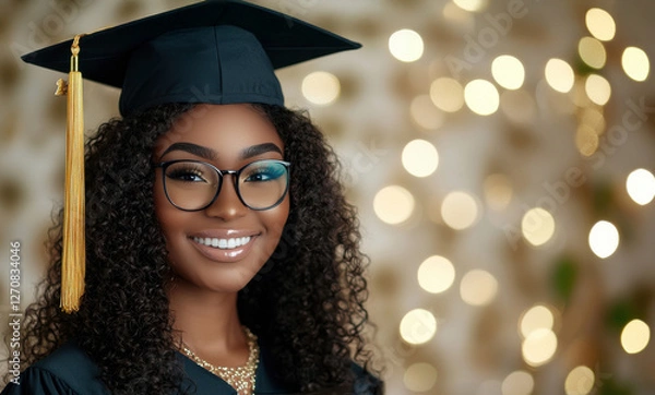 Fototapeta Graduation celebration featuring a female student smiling in cap and gown with glittering background lights