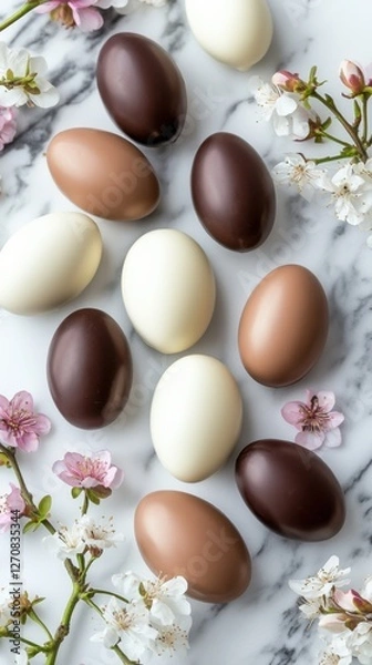 Fototapeta Colorful chocolate eggs arranged on a marble surface surrounded by delicate spring flowers, creating a festive atmosphere for seasonal celebrations and gatherings