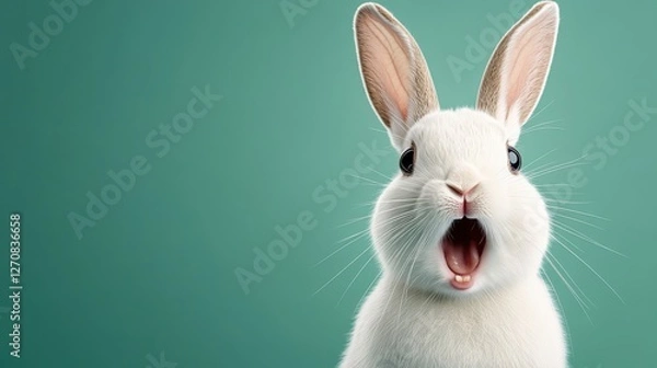 Fototapeta Curious white rabbit displays shock with wide-open mouth against a green backdrop in a playful moment