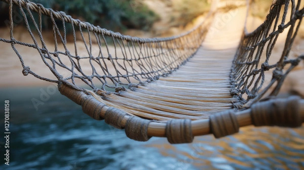 Fototapeta A handmade bamboo bridge with uneven slats and tightly woven rope railings, suspended above a peaceful, glass-like water surface