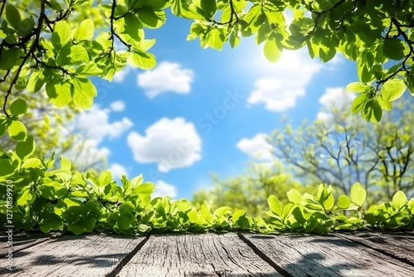 Fototapeta Spring leaves frame sunny sky; wood table; nature background