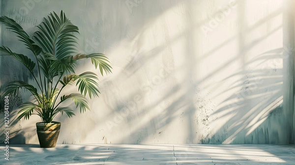 Fototapeta Lush green palm plant in a sunlit room with textured walls and soft shadows creating ambiance
