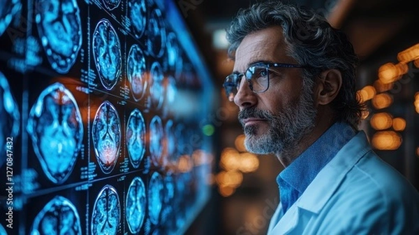 Fototapeta A middle-aged European doctor studies brain imaging on a digital screen. He appears thoughtful, reflecting on patient information.