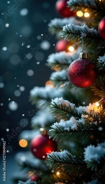 Fototapeta Softly falling snowflakes dance in the bokeh of a Christmas tree, snowy decorations, festive lights