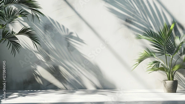 Fototapeta Lush green plants casting intricate shadows on a minimalist white wall in a serene indoor setting