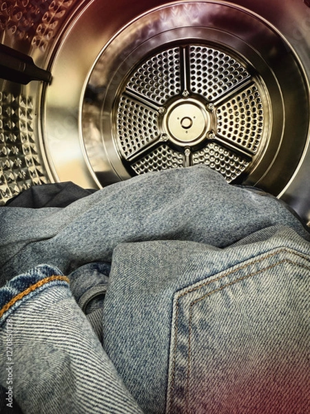 Fototapeta Jeans cloth was put in to washing machine bucket,prepare for clean,