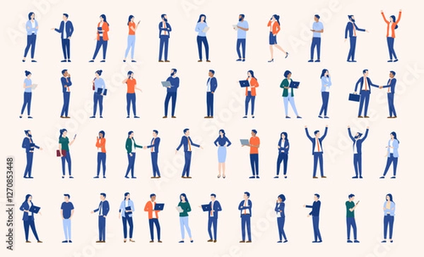 Fototapeta Business office and working people collection - Set or bundle of businesspeople characters in various standing poses doing work, talking and using computes. Flat design style vector illustration