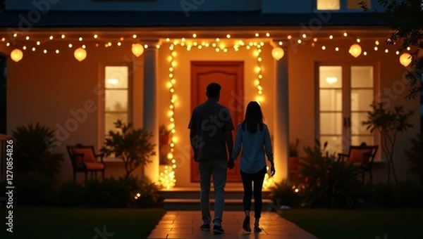 Fototapeta Couple is walking towards house with lights on