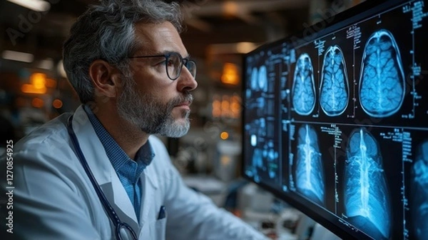 Fototapeta A middle-aged European male doctor in a lab coat examines x-ray images of the brain on a computer screen in a medical setting.