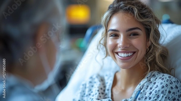 Fototapeta A young Latin American woman in a hospital bed smiles warmly at the camera, showcasing her resilience and positivity. She appears hopeful and caring.