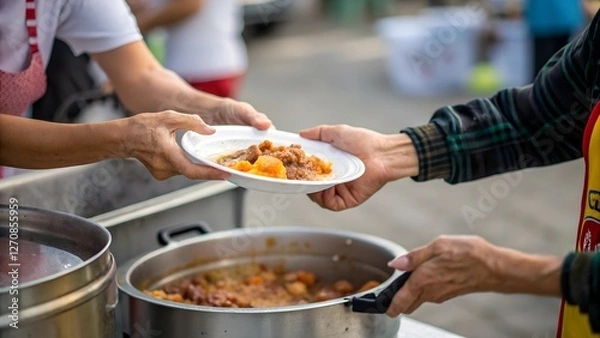 Fototapeta A person is serving a portion of stew or a similar hearty meal from a large pot onto a plate