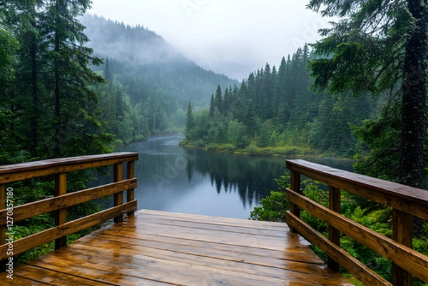 Fototapeta Calm lake view from a wooden deck under the rain. Foggy forest in background