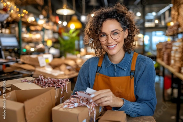Fototapeta Cheerful small business owner packing orders in a local shop for delivery service