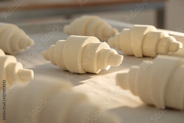 Fototapeta Freshly shaped pastry rolls lie on a wooden surface in a cozy bakery, ready for baking in early morning light, showcasing the art of pastry making and the promise of delightful treats