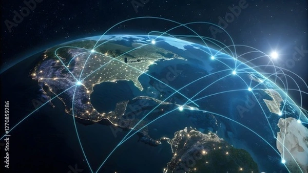 Fototapeta Earth from space with illuminated global network connections. Global communication concept. Created with Ai