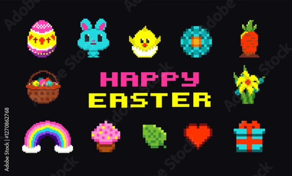 Fototapeta Pixel art icons set. Happy Easter greeting card design. Rabbit, bunny, eggs and baby chicken. Isolated vector illustration.